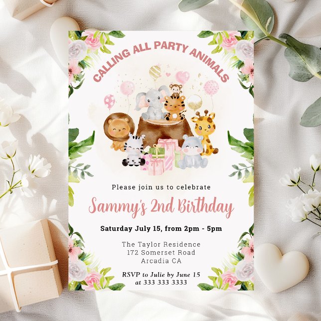Invitación Animales de la selva rosa acuarela cumpleaños infa (Subido por el creador)