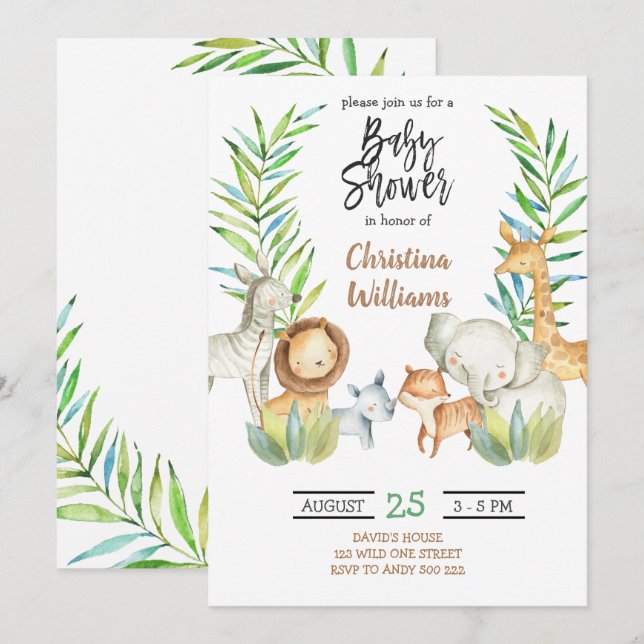 Invitación Animales de la selva Safari Neutral Baby Shower (Anverso / Reverso)