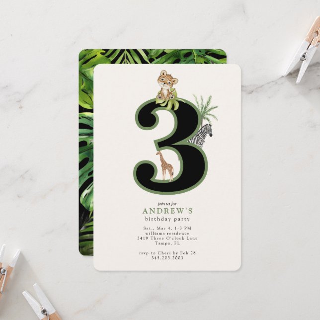 Invitación Animales de la selva tropical cumpleaños 3 (Anverso/Reverso In Situ)
