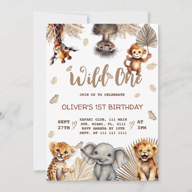 Invitación Animales de Safari 1er Cumpleaños  (Anverso)