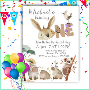 Invitación Animales de safari acuarela para primer cumpleaños