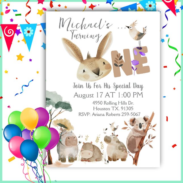 Invitación Animales de safari acuarela para primer cumpleaños (Subido por el creador)