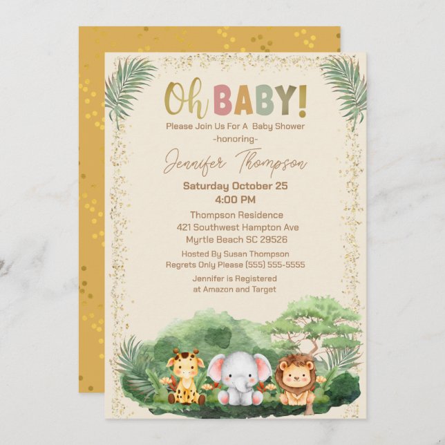 Invitación Animales de Safari Adorables Naturaleza Beige Baby (Anverso / Reverso)