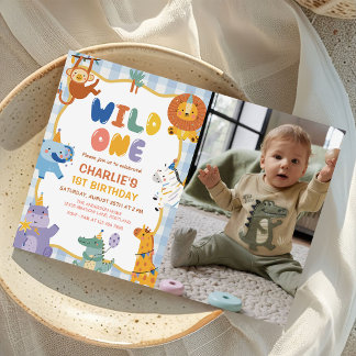 Invitación Animales de Safari Adorables Niño Cumpleaños 1 Fot