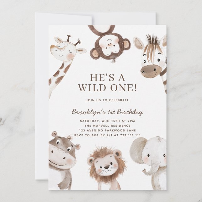 Invitación Animales de Safari Adorables Temática Primer Cumpl (Anverso)