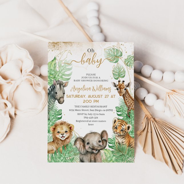 Invitación Animales de Safari Baby Shower vegetación tropical (Subido por el creador)