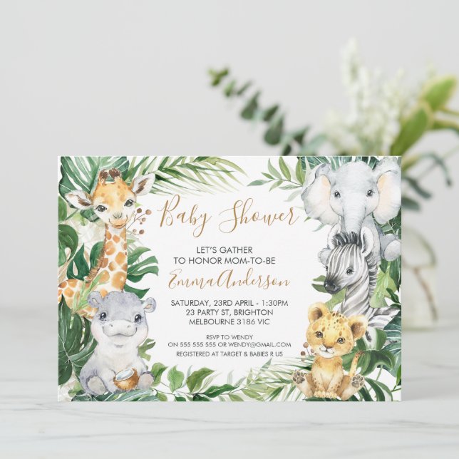 Invitación Animales de Safari Bebé en Baby Shower verde (Anverso de pie)