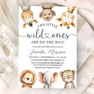 Invitación Animales de Safari Cumpleaños Gemelos Salvaje Uno 