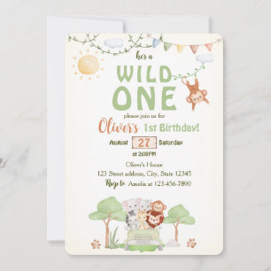 Invitación Animales de Safari Cumpleaños Niño Uno Primero
