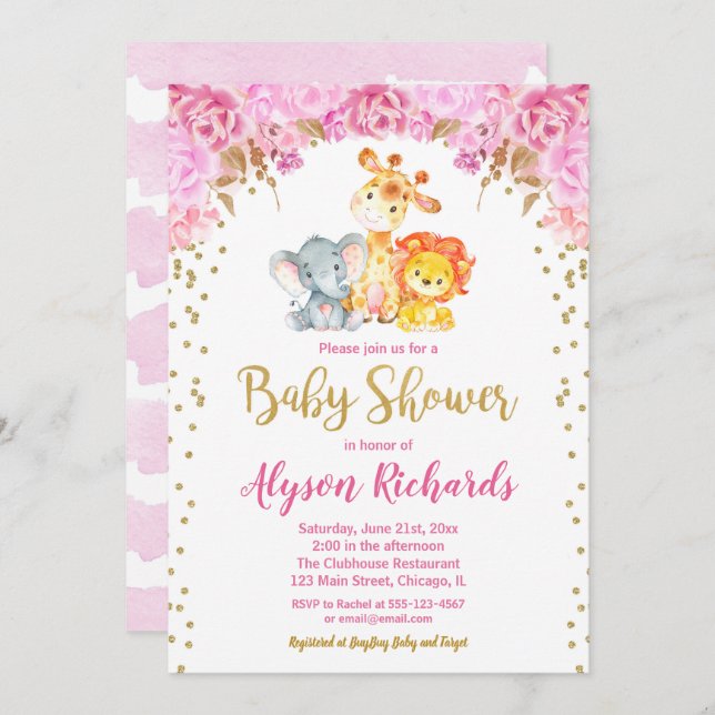 Invitación Animales de safari curados chica ducha de bebé (Anverso / Reverso)