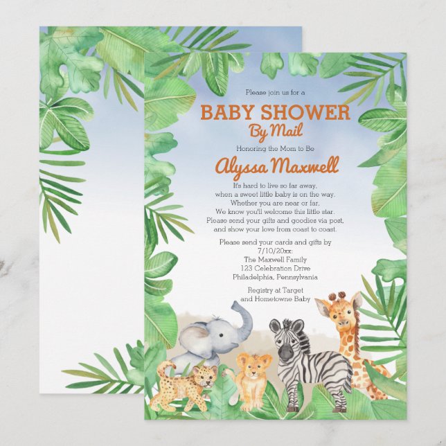 Invitación Animales de Safari Cute | Baby Shower verde por co (Anverso / Reverso)