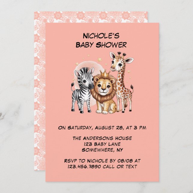Invitación Animales de Safari Cute Chica de Flores Rosa Baby  (Anverso / Reverso)