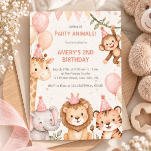 Invitación Animales de safari de cumpleaños en rosa neutral a