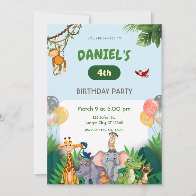 Invitación Animales de Safari de la Jungla Fiesta de Cumpleañ (Anverso)