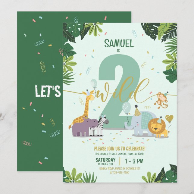 Invitación Animales de Safari de la Selva Cute dos cumpleaños (Anverso / Reverso)