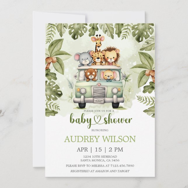 Invitación Animales de Safari de la selva en auto (Anverso)