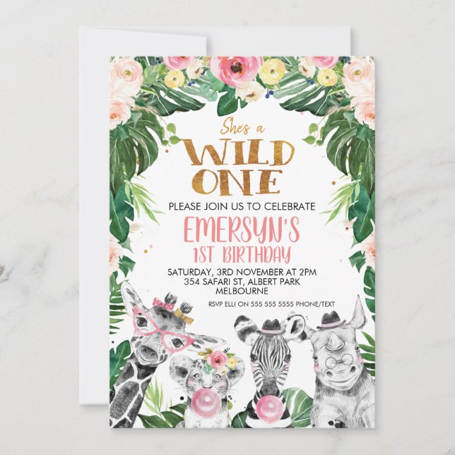 Invitación Animales de Safari dibujados Floral salvaje un cum (Anverso)