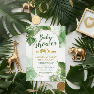 Invitación Animales de Safari Dorado con Vegetación Tropical 