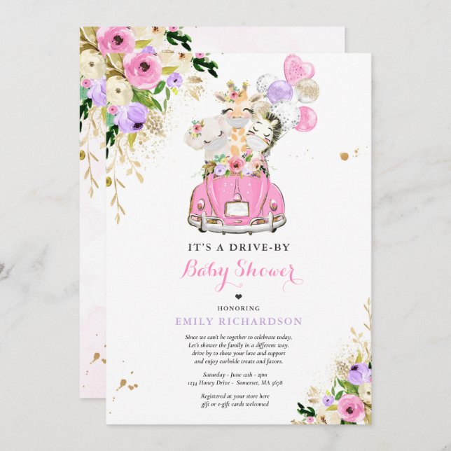 Invitación Animales De Safari Floral Rosa Manejados Por Baby  (Anverso / Reverso)