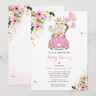 Invitación Animales De Safari Floral Rosa Manejados Por Baby