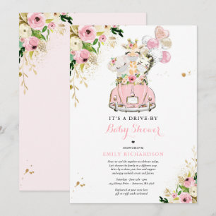 Invitación Animales De Safari Floral Rosa Manejados Por Baby