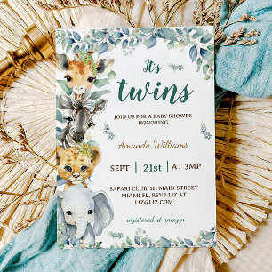 Invitación Animales de Safari Gemelos Fiesta Boho para Bebé