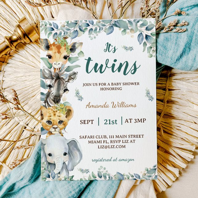 Invitación Animales de Safari Gemelos Fiesta Boho para Bebé (Subido por el creador)