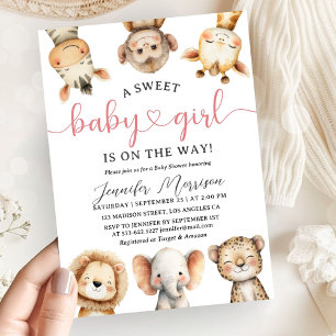 Invitación Animales de Safari Niña Baby Shower Tropical Jungl