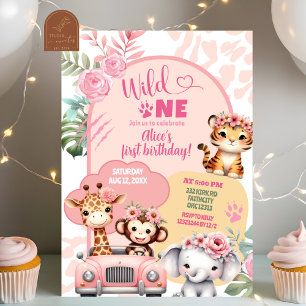 Invitación Animales de Safari Niña Cumpleaños Salvaje Uno Pri