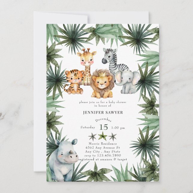 Invitación Animales de Safari | Príncipe | Baby Shower acuare (Anverso)