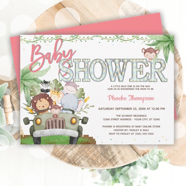 Invitación Animales de Safari Rosa Baby Shower (Pink Safari Animals Baby Shower Invitation)