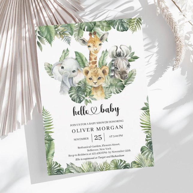 Invitación Animales de Safari Vegetación tropical Boy Baby Sh (Safari animals Tropical greenery Boy Baby Shower Invitation)