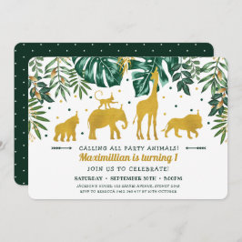 Invitación Animales de Safari Verde y Oro Moderno Primer Cump