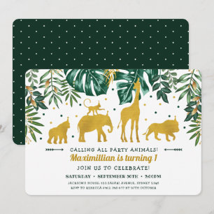 Invitación Animales de Safari Verde y Oro Moderno Primer Cump