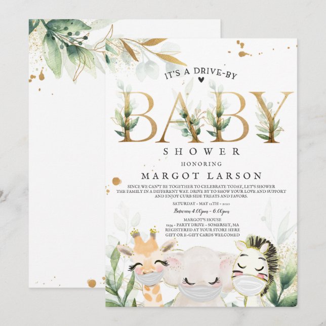 Invitación Animales De Verdor Gold Safari Manejados Por Baby  (Anverso / Reverso)