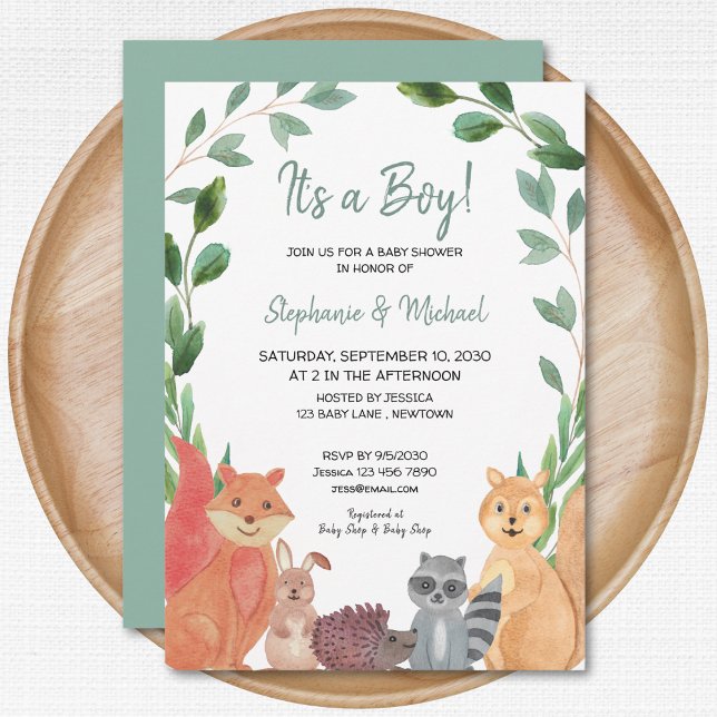 Invitación Animales de Woodland: Baby Shower es un niño con d (Subido por el creador)