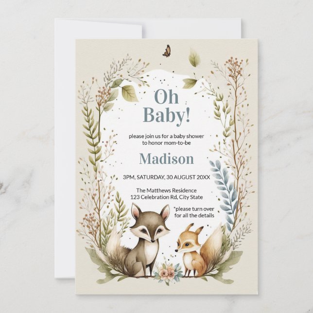 Invitación Animales de Woodland Baby Shower invitan a acuarel (Anverso)