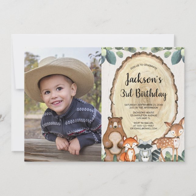 Invitación Animales de Woodland Bosque niño cumpleaños (Anverso)
