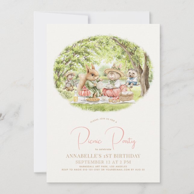 Invitación Animales de Woodland Chica de Picnic Primer Cumple (Anverso)