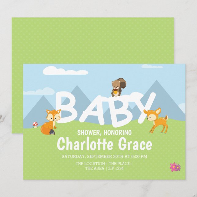 Invitación Animales de Woodland Cutan Baby Shower Unisex (Anverso / Reverso)