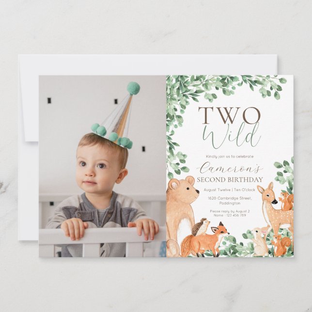 Invitación Animales de Woodland Dos Wild Second Birthday Phot (Anverso)