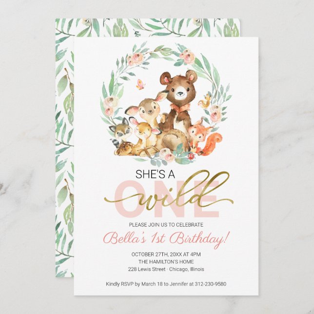 Invitación Animales de Woodland: Es salvaje un primer cumplea (Anverso / Reverso)
