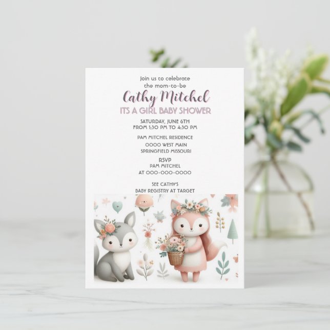 Invitación Animales de Woodland "es un Chica" Baby Shower (Anverso de pie)