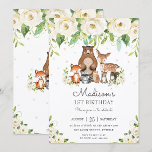 Invitación Animales de Woodland Floral Blanca Marfil Primer c