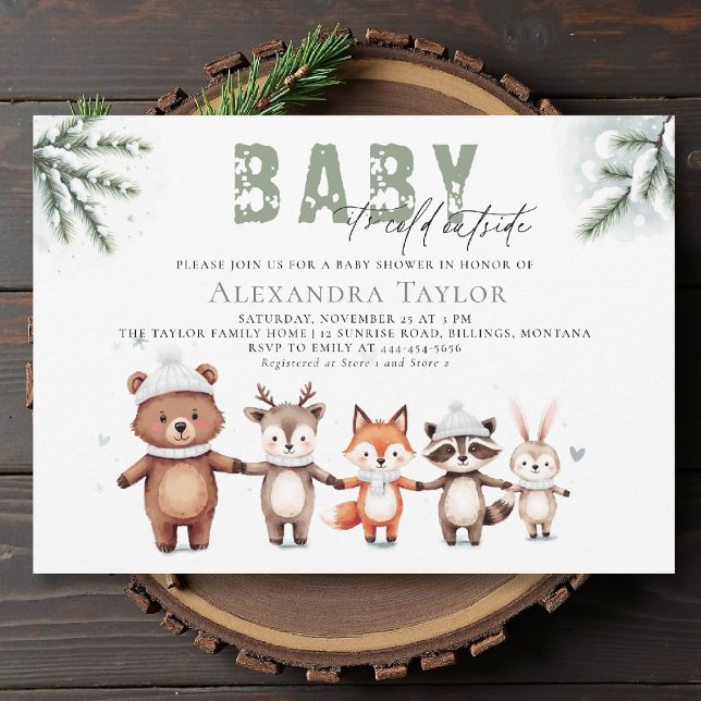 Invitación Animales de Woodland fríos fuera del Baby Shower i (winter baby shower invitation cold outside cute woodland animals watercolor snow pine watercolor)