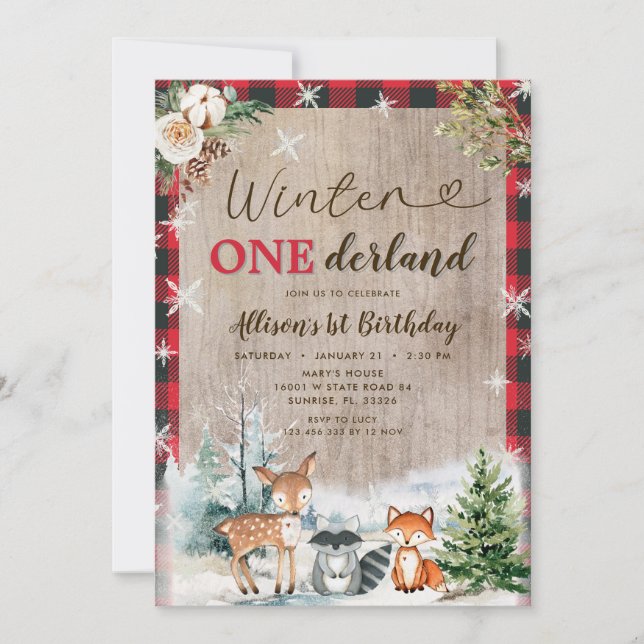 Invitación Animales de Woodland Invierno Onederland Primer cu (Anverso)