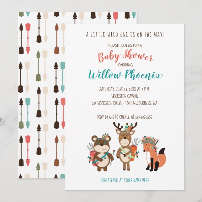Invitación Animales de Woodland Invitan a la Tribal Boho Baby (Anverso / Reverso)