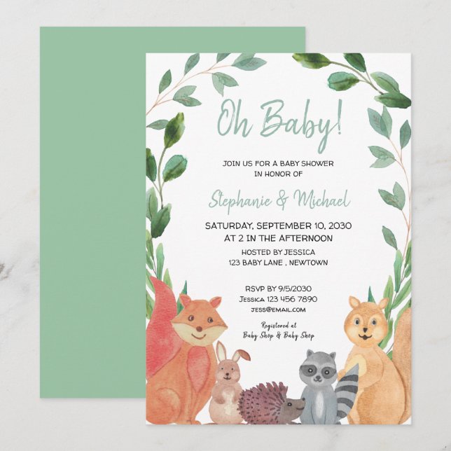 Invitación Animales de Woodland Oh Parejas Bebés Baby Shower (Anverso / Reverso)