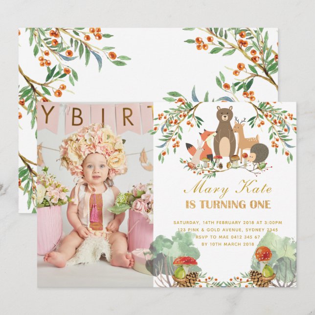 Invitación Animales de Woodland Primer cumpleaños (Anverso / Reverso)