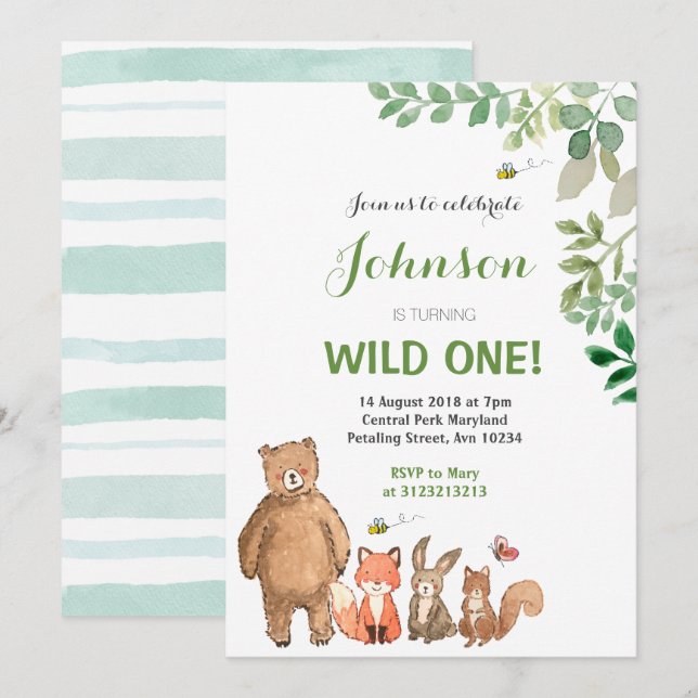 Invitación Animales de Woodland Primer Niño Invitado de Cumpl (Anverso / Reverso)